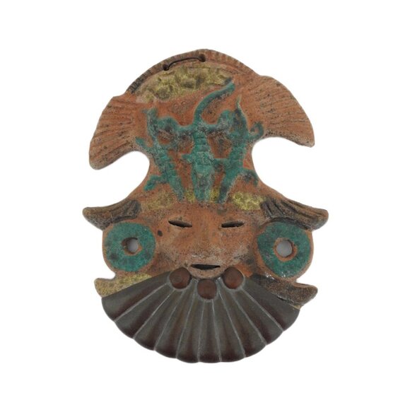 Aztec Mayan Warrior Terracotta Clay Wall Mask Alligators Brass Beard 10" Mexico - Picture 1 of 11